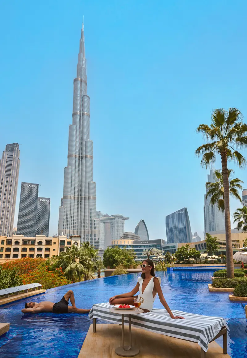 The pool at Address Downtown looking up at the Burj Khalifa