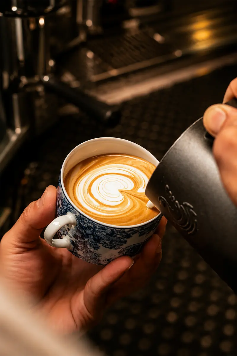 Latte art poured into a patterned cup at Blume Dubai Mall