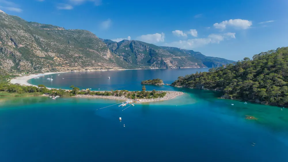 The Blue Lagoon at Ölüdeniz seen from the air, along the coast from Liberty Lykia