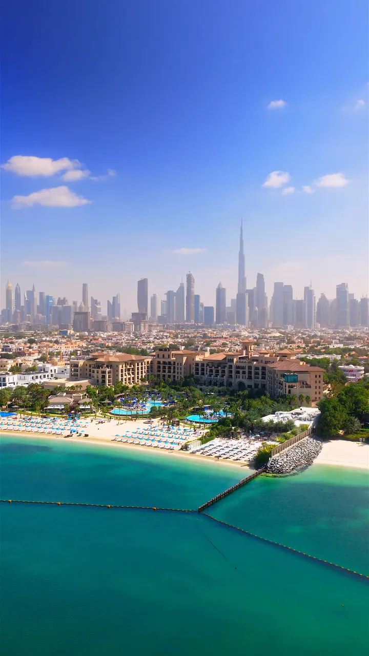 Aerial view of a Dubai beach club and resort on the Jumeirah coast, with the Downtown skyline and Burj Khalifa behind