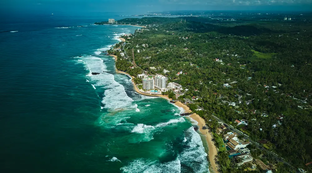 The resort in its setting on the south coast of Sri Lanka, seen from the air