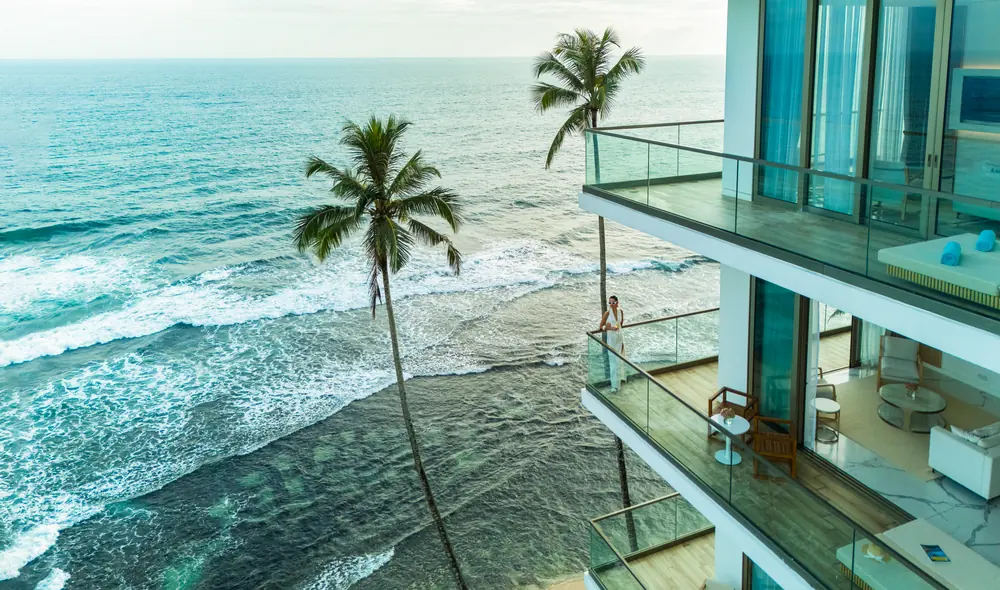 Aerial view of the oceanfront architecture and pool terraces at Radisson Collection Galle